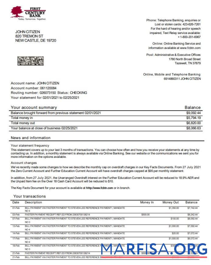 Downloadable USA First Century bank statement word real example